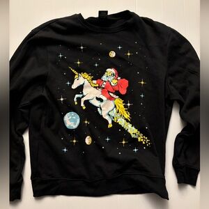 Fifth Sun Men’s Black Santa Riding Unicorn Space Ugly Christmas Sweatshirt